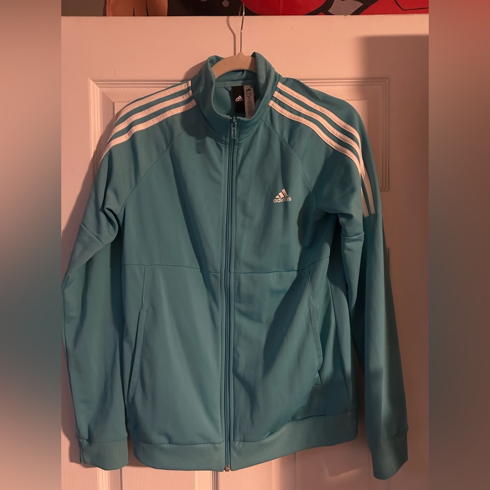 Adidas Tricot-stripes Track Field Jacket Full Zip Turquoise Blue